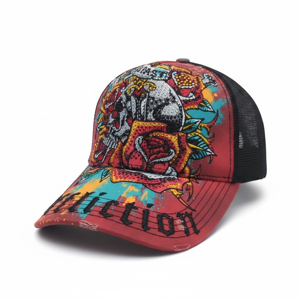 Affliction‎ Tragic Attack Trucker Hat Red Black Skull Rose Rhinestone Snapback
